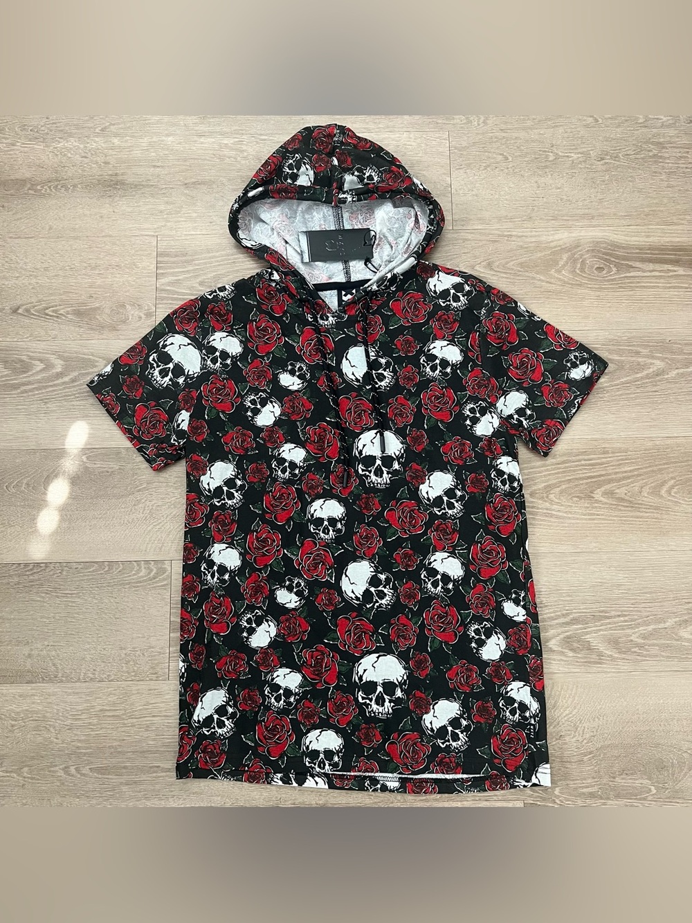 Men's Black Hooded Tee with Red Rose & White Skull Print